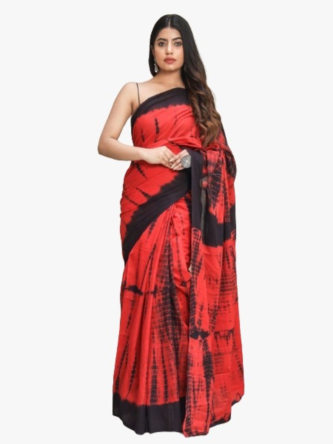 

KIAARON Tie and Dye Pure Cotton Block Print Saree, Red