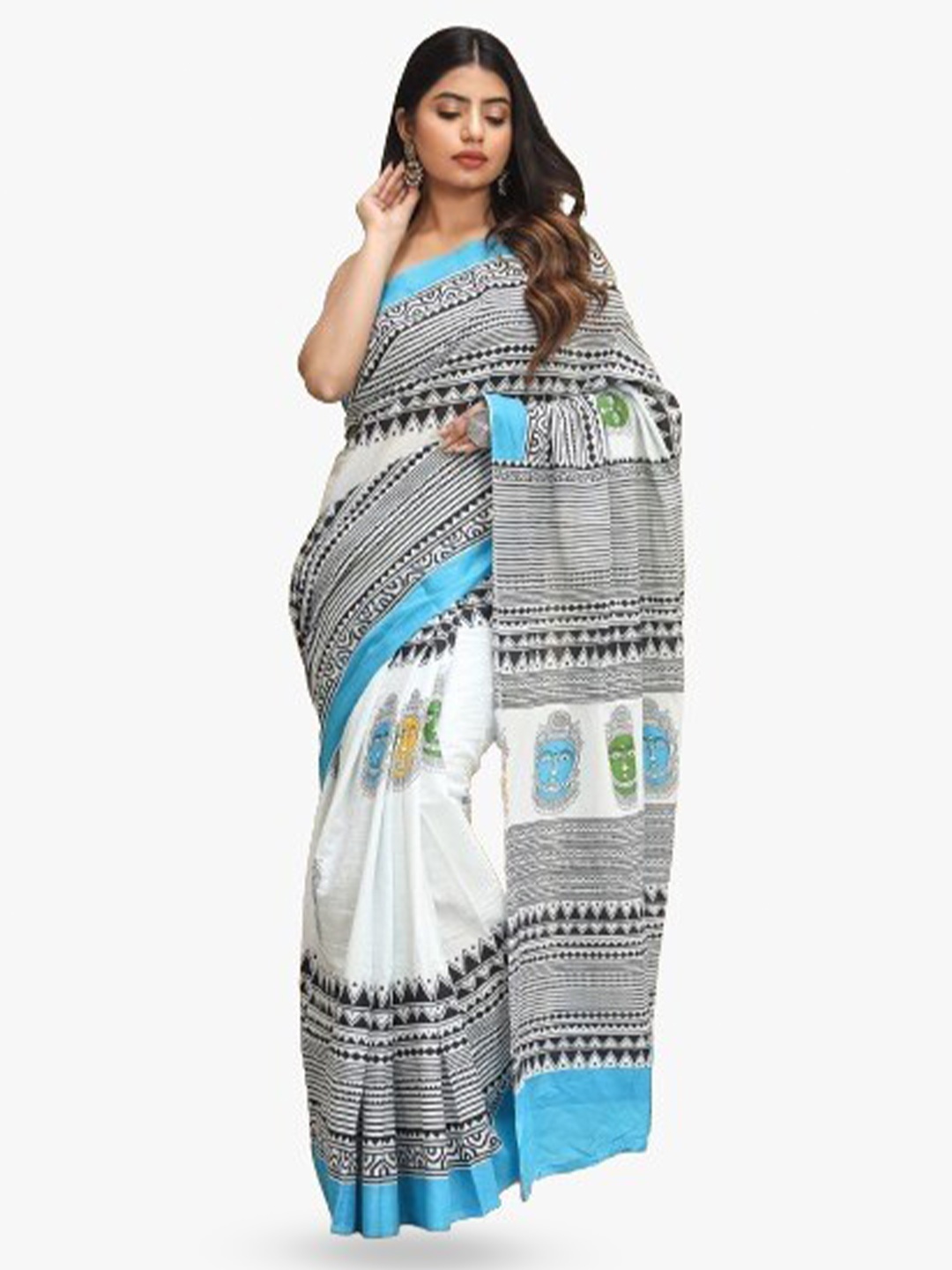 

KIAARON White & Blue Ethnic Motifs Block Printed Saree