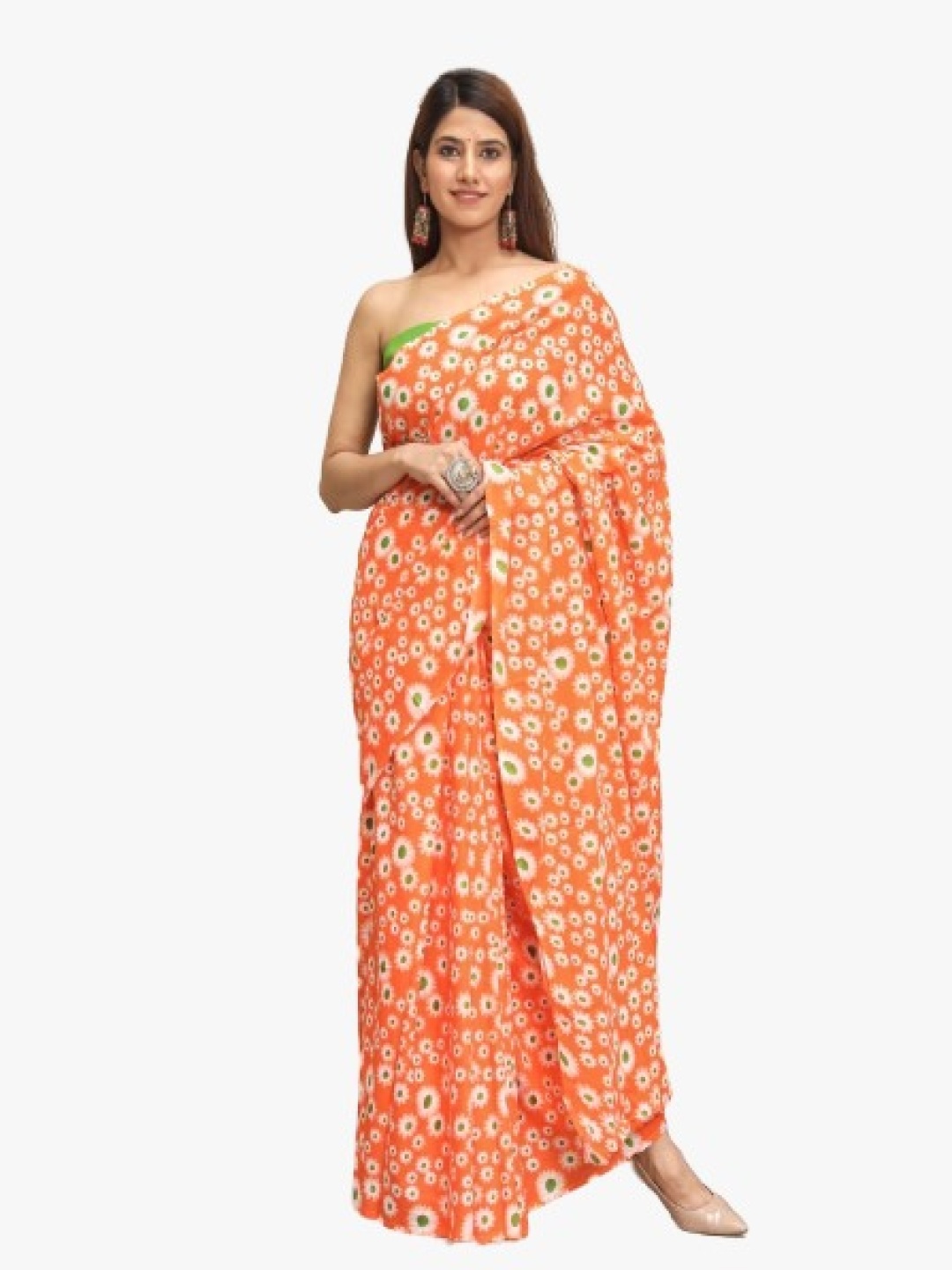 

KIAARON Floral Pure Cotton Block Print Saree, Orange