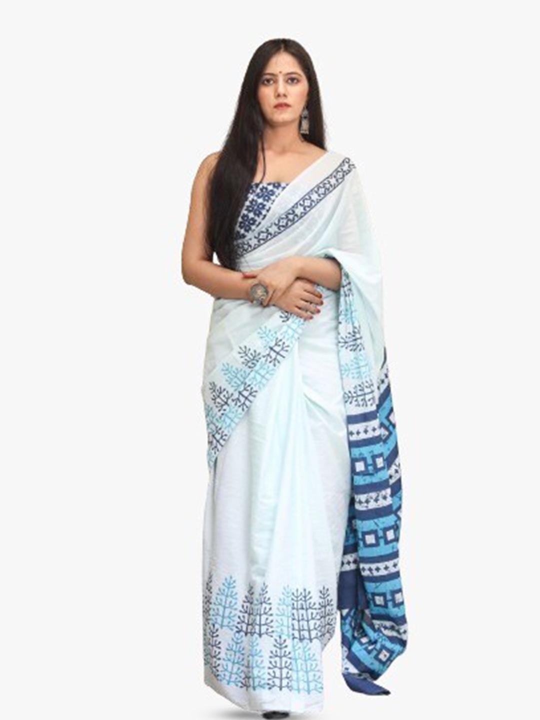 

KIAARON Ethnic Motifs Mulmul Cotton Block Print Saree, White