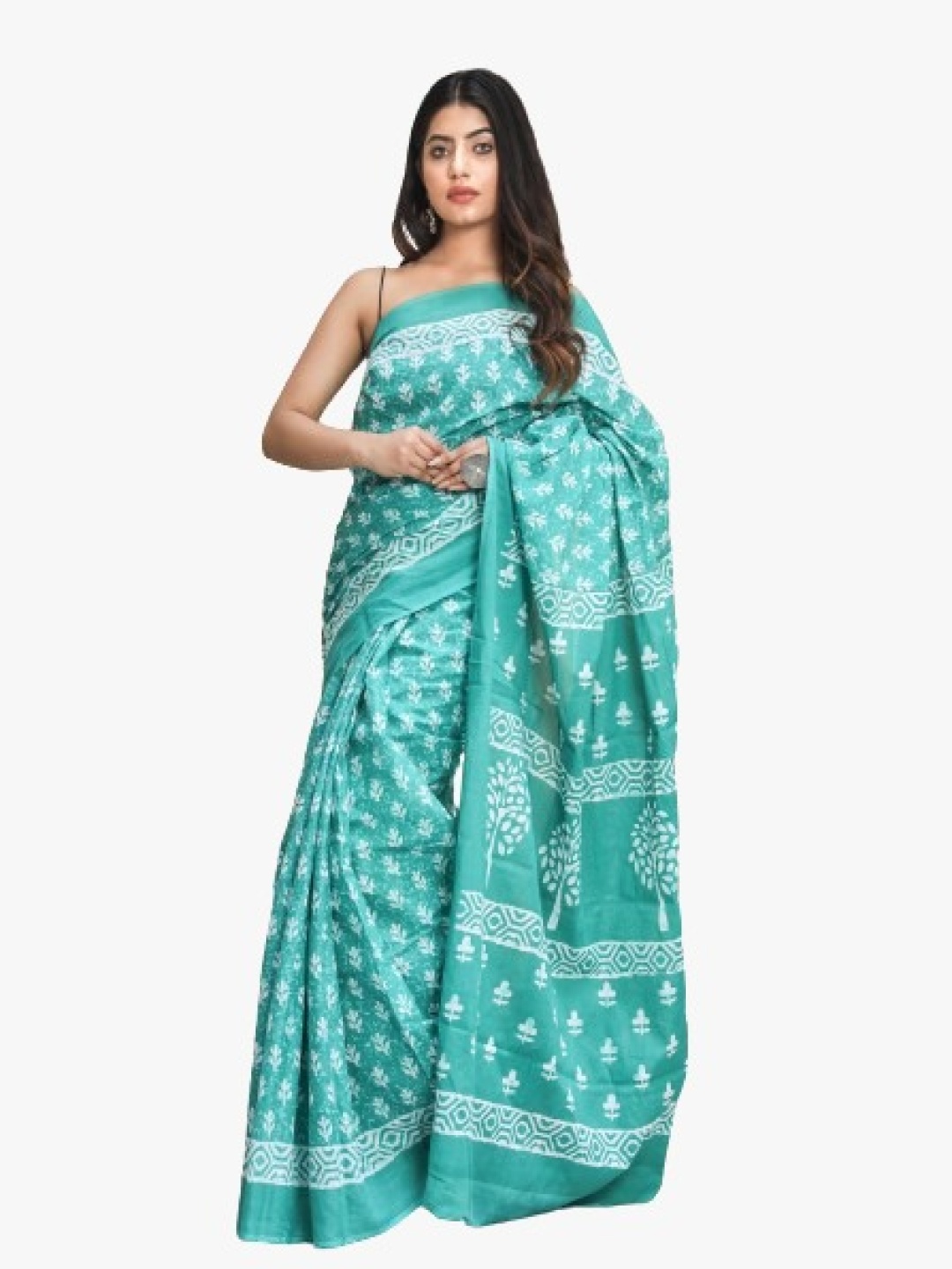 

KIAARON Ethnic Motifs Pure Cotton Block Print Saree, Green