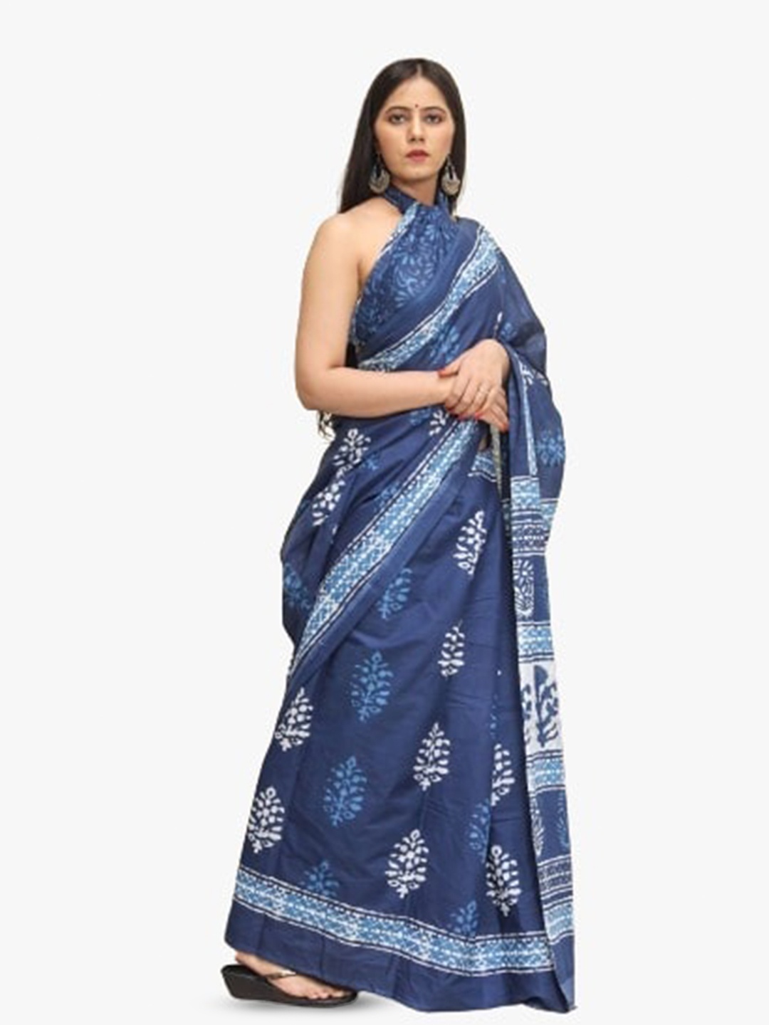 

KIAARON Ethnic Motifs Pure Cotton Block Print Saree, Blue