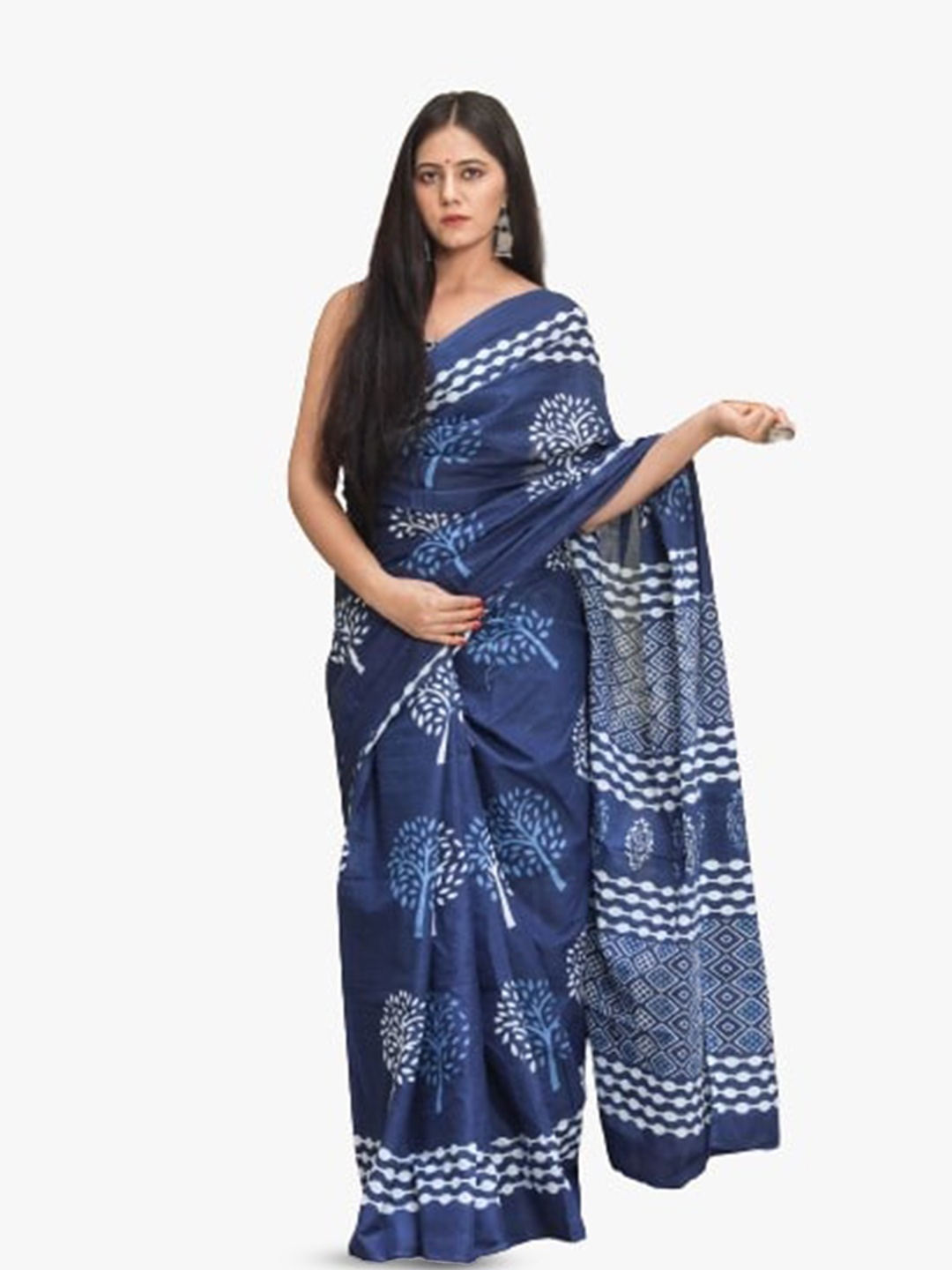 

KIAARON Ethnic Motifs Pure Cotton Block Print Saree, Blue