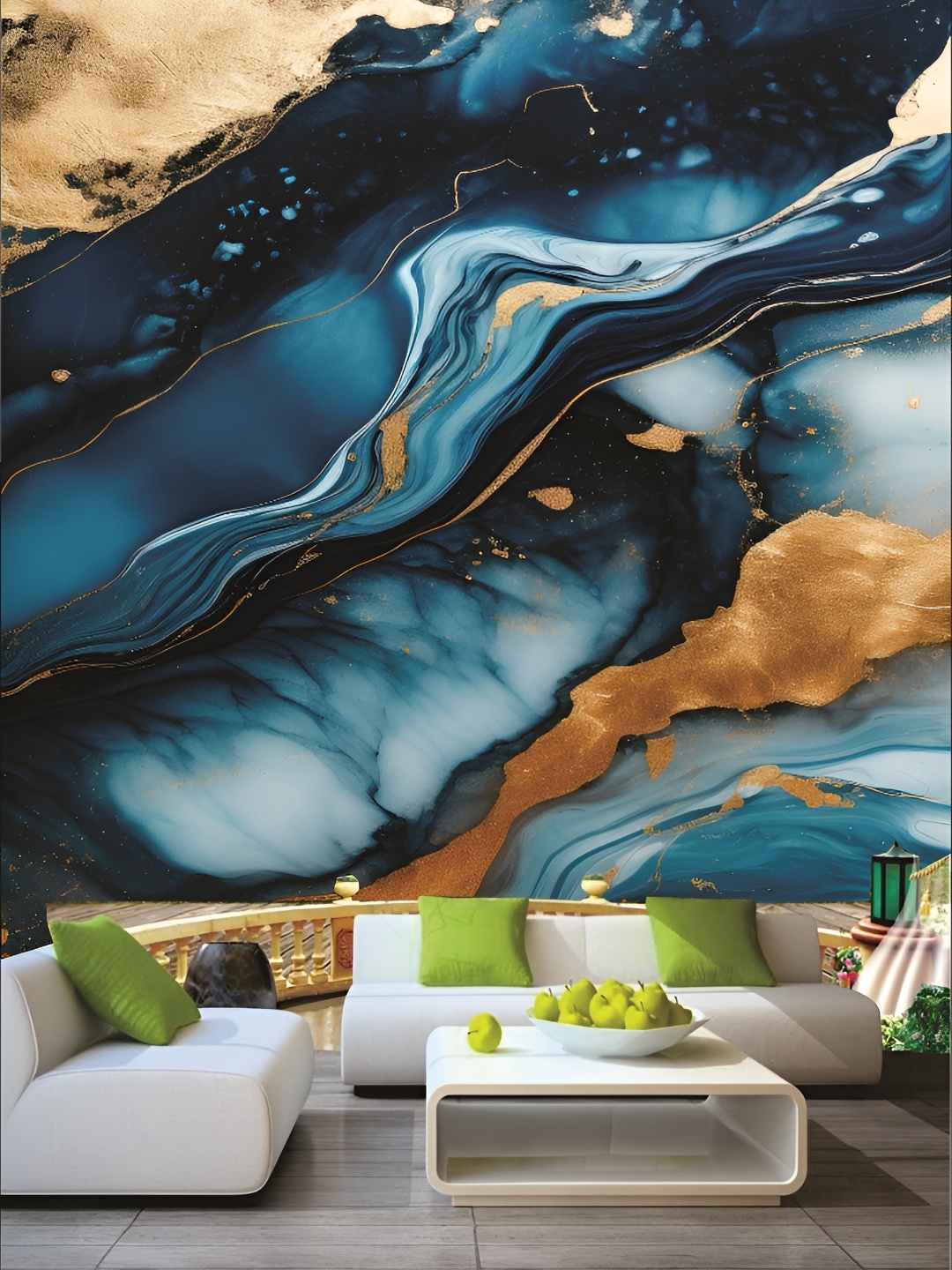 

KSHIRSA Teal colored and GoldToned Abstract Self Adhesive Removable Wallpaper