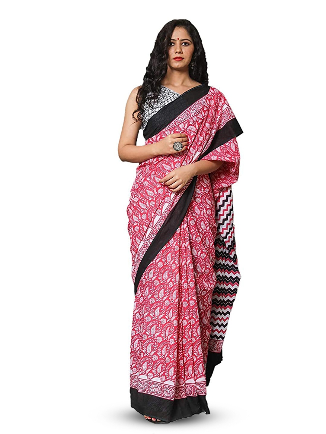 

JALTHER Ethnic Motifs Printed Pure Cotton Block Print Saree, Pink