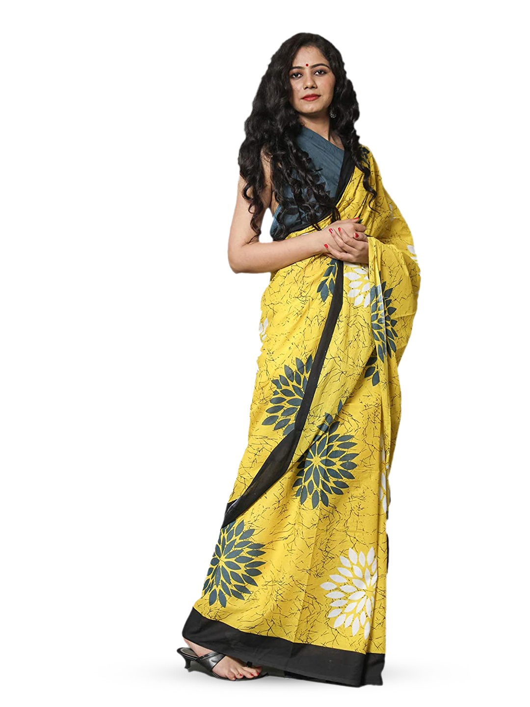 

clothonus Ethnic Motifs Pure Cotton Block Print Saree, Yellow