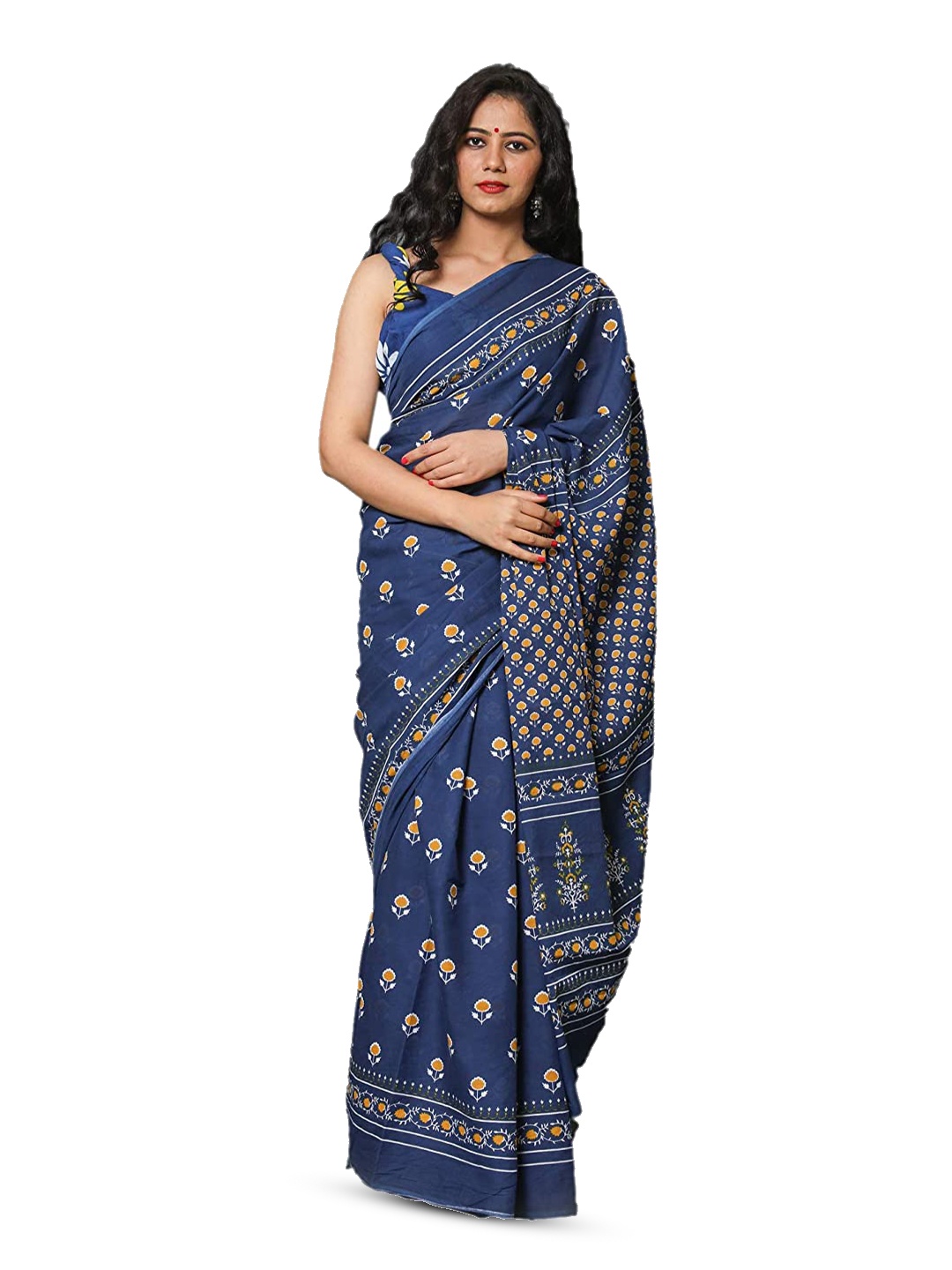 

clothonus Ethnic Motifs Printed Pure Cotton Block Print Saree, Blue