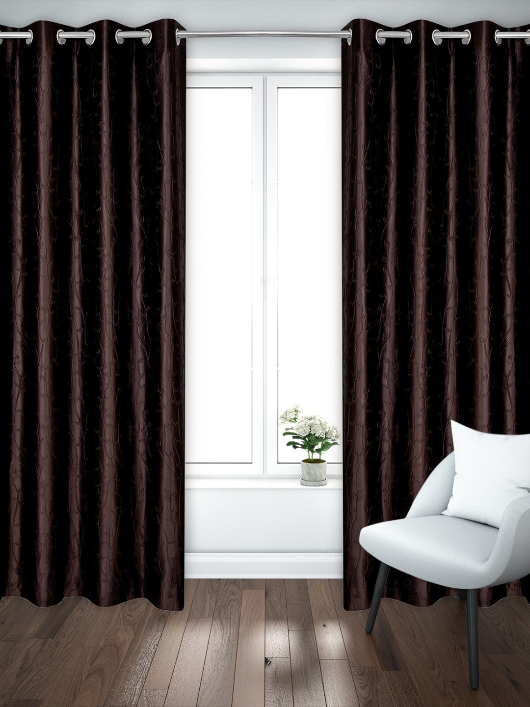 

Ultica Fab Coffee Brown 2 Pcs Floral Room Darkening Door Curtain