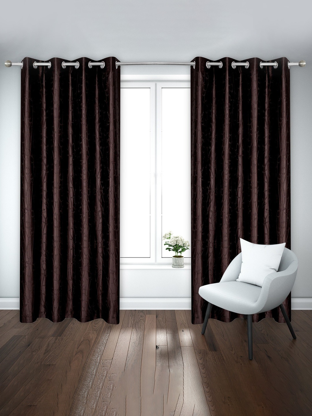 

Ultica Fab Coffee Brown 2 Pcs Floral Room Darkening Window Curtain
