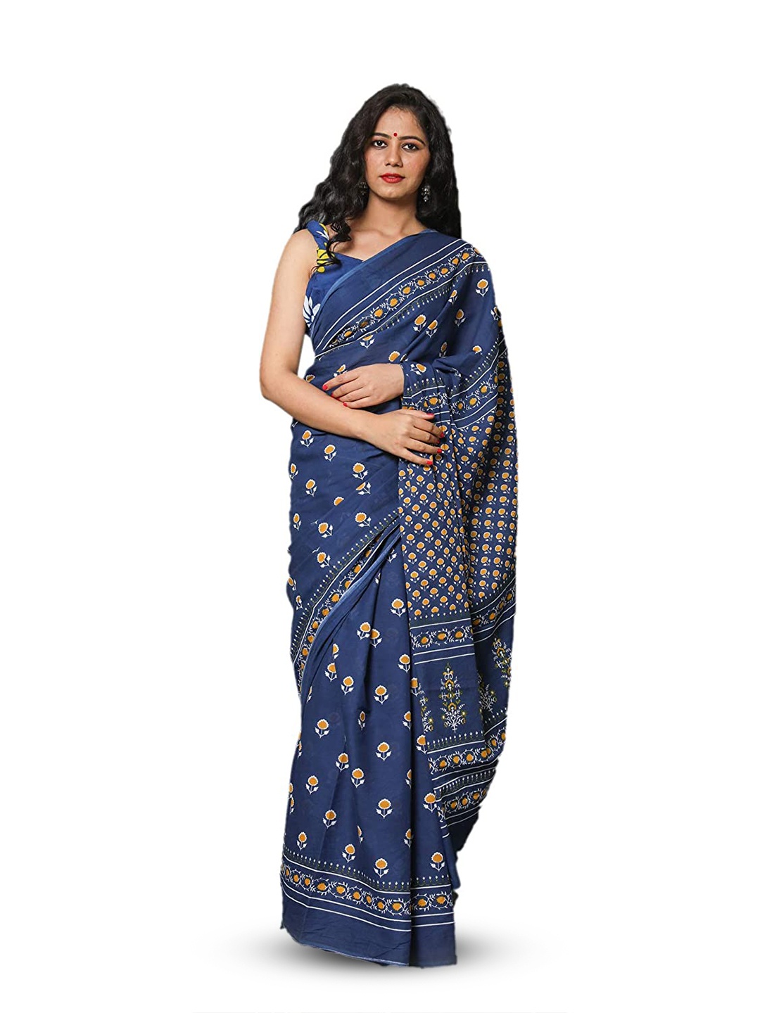 

TROPWEAR Ethnic Motifs Pure Cotton Block Print Saree, Blue