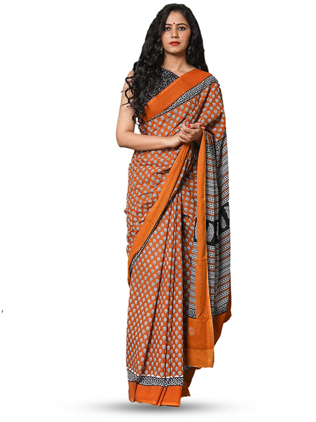 

TROPWEAR Ethnic Motifs Pure Cotton Block Print Saree, Mustard