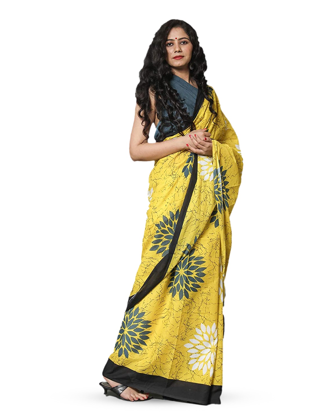 

TROPWEAR Floral Pure Cotton Block Print Saree, Yellow