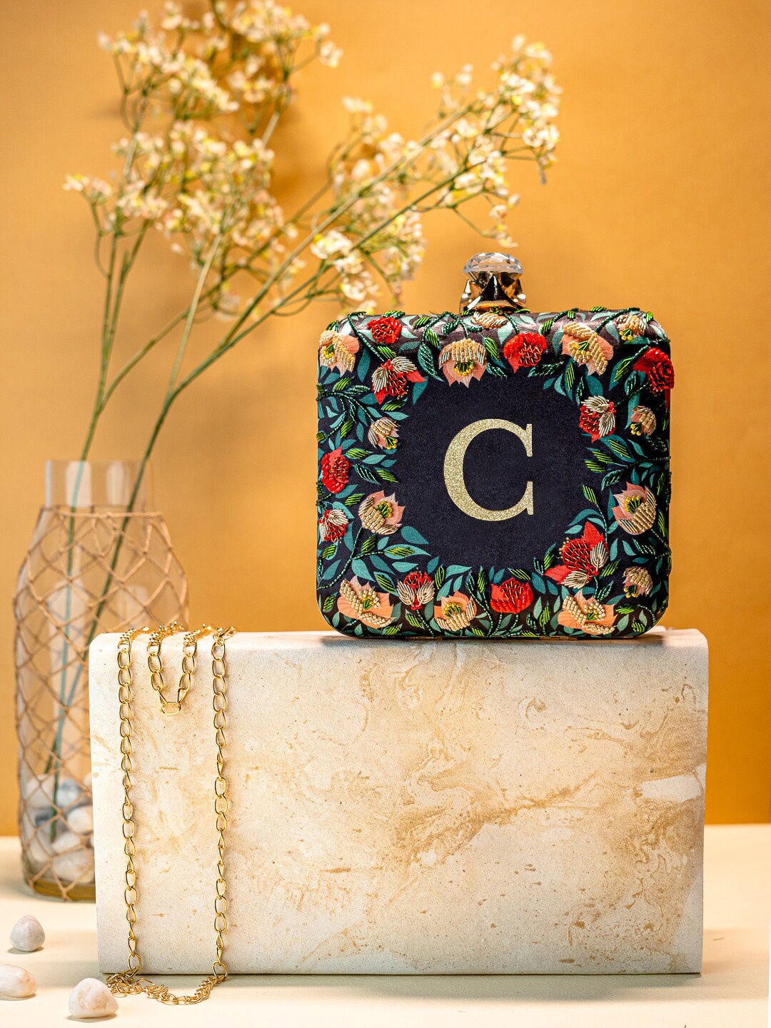 

NR By Nidhi Rathi Floral Printed Beads & Stones Box Clutch, Black