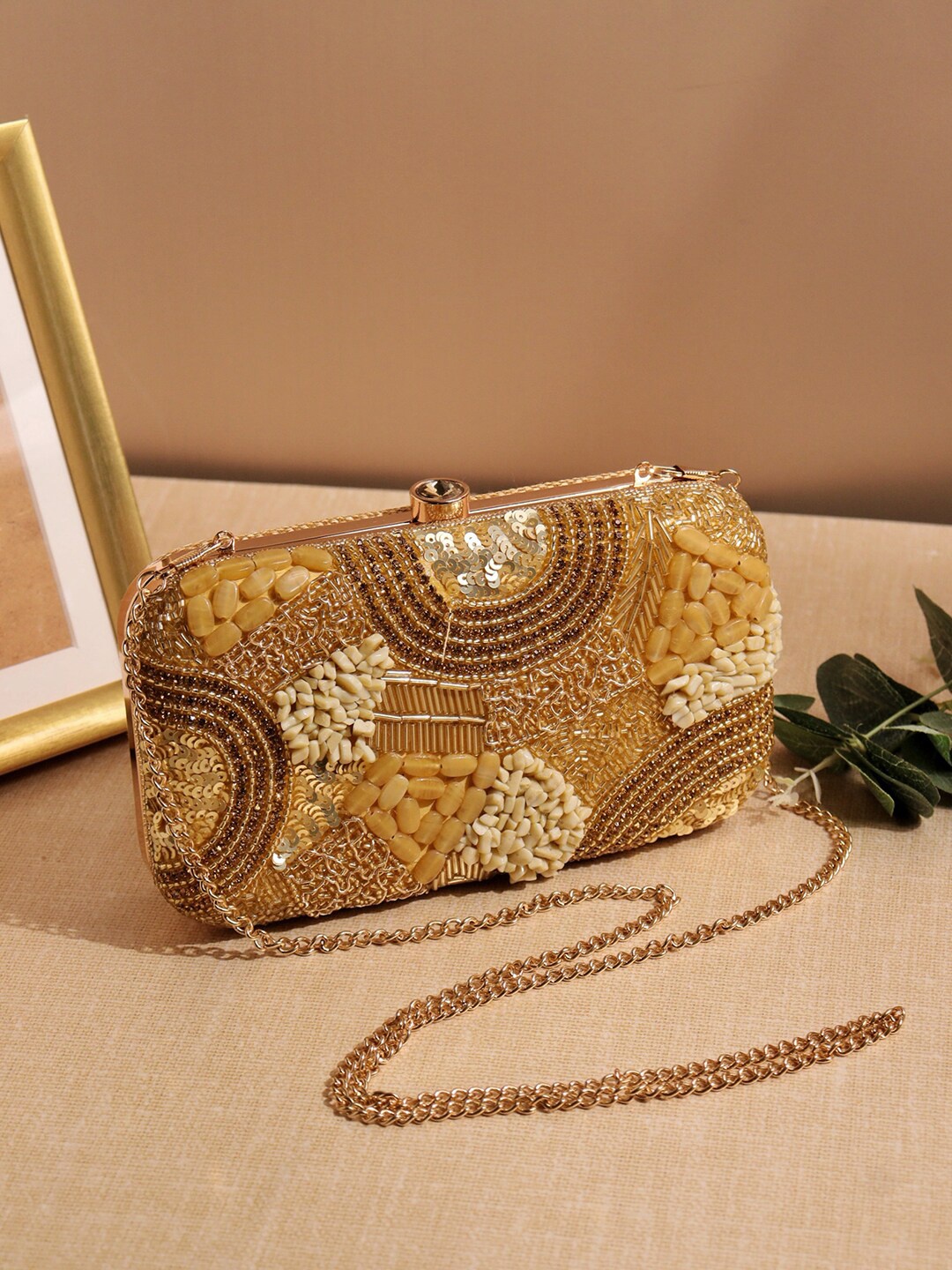 

NR By Nidhi Rathi Abstract Embroidered Beads & Stones Box Clutch, Gold