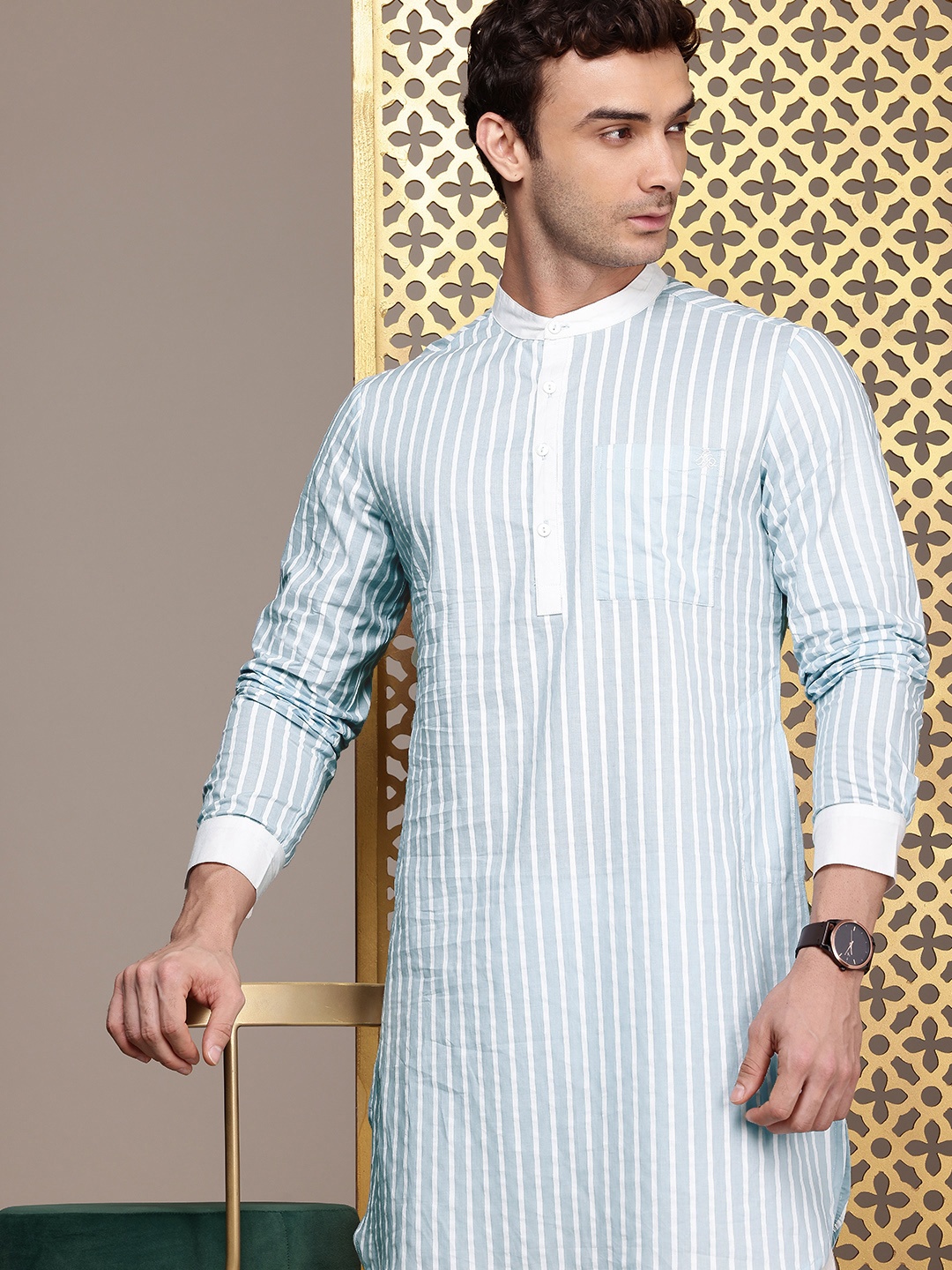 

House of Pataudi Striped Jashn Pure Cotton Kurta, Blue