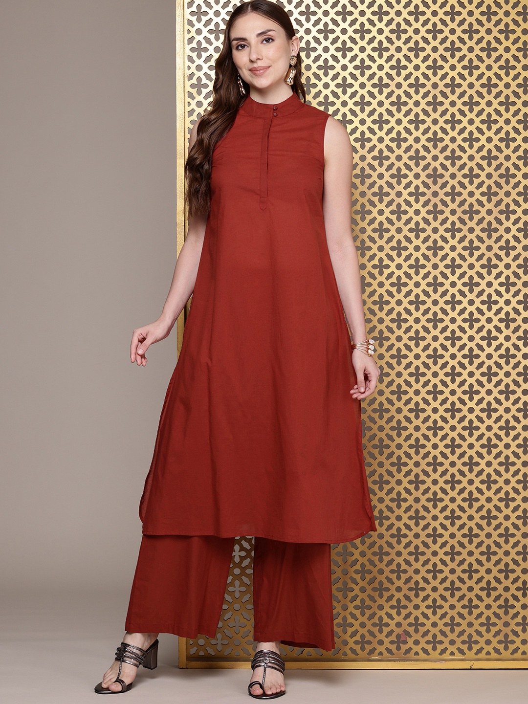 

House of Pataudi Jashn Regular Pure Cotton Kurta with Palazzos, Rust