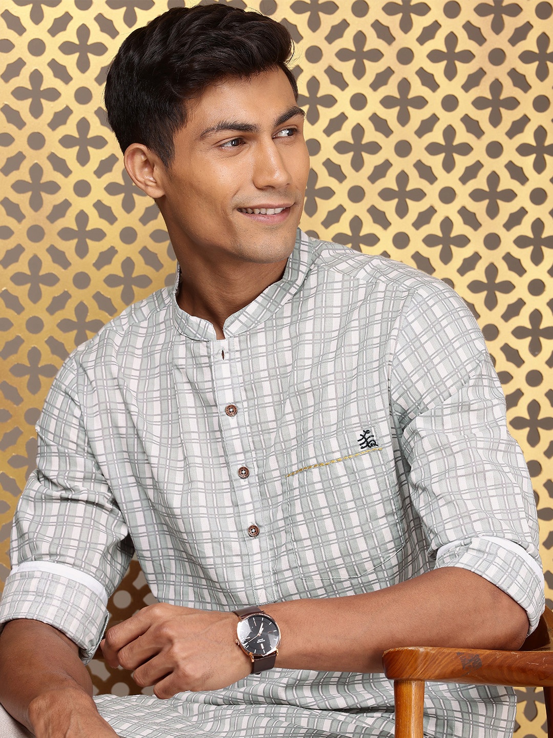 

House of Pataudi Jashn Pure Cotton Checked Kurta, Grey