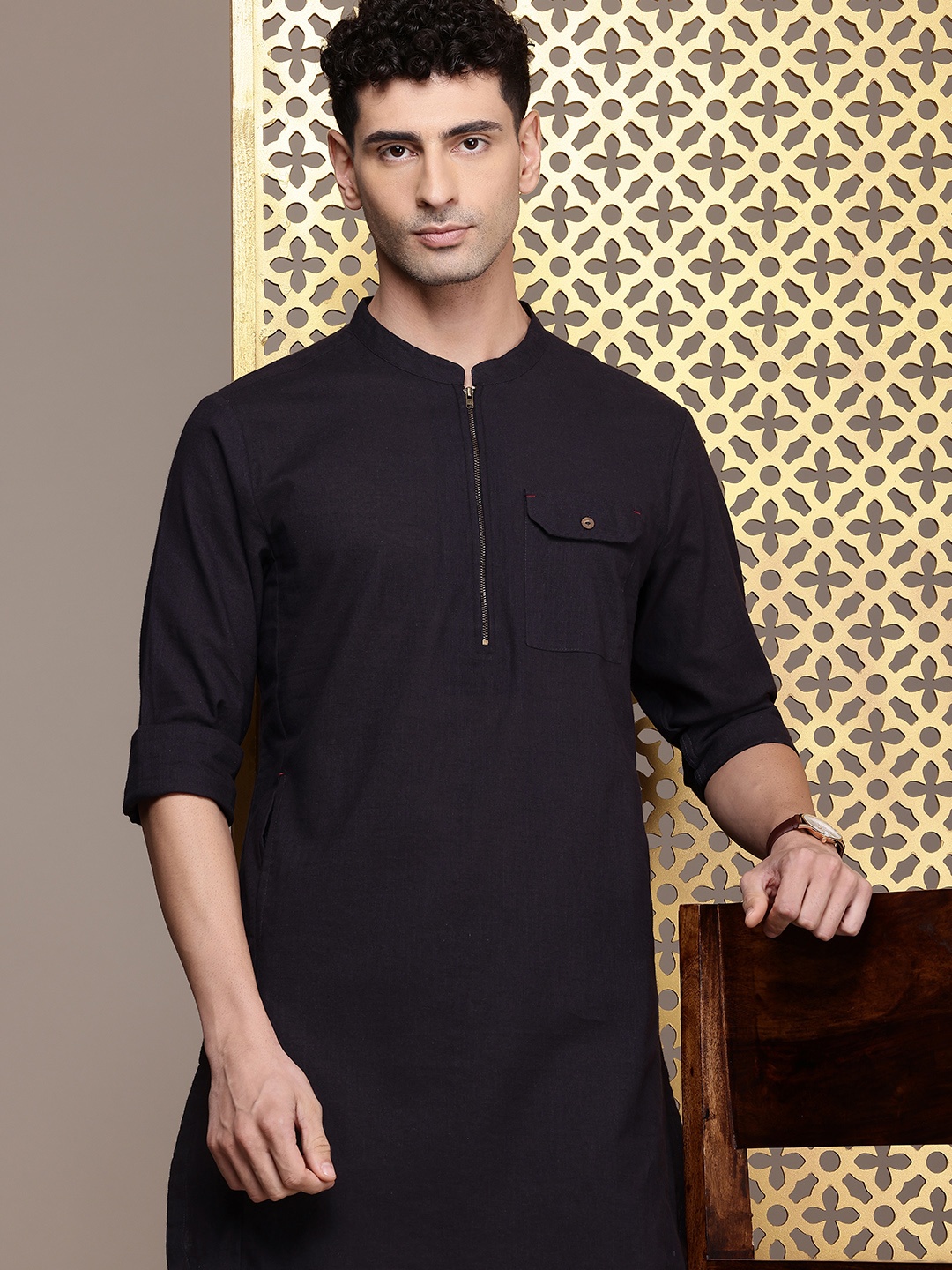 

House of Pataudi Pure Cotton Rozana Kurta, Black