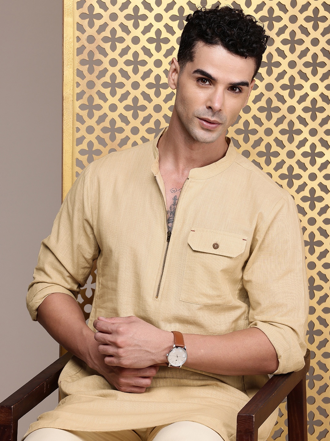 

House of Pataudi Men Rozana Pure Cotton Kurta, Beige