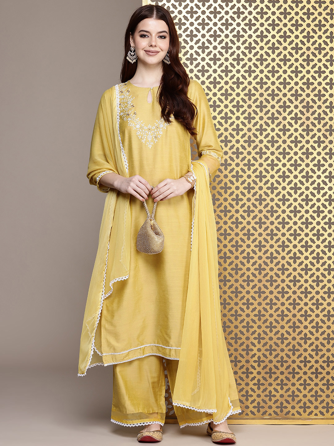

House of Pataudi Floral Yoke Design Thread Work Jashn Kurta & Palazzos With Dupatta, Yellow