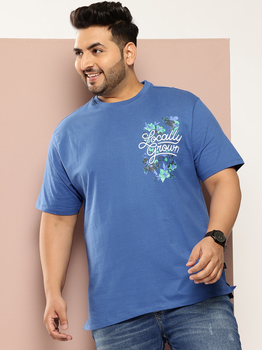 

Sztori Plus Size Printed Pure Cotton T-shirt, Blue