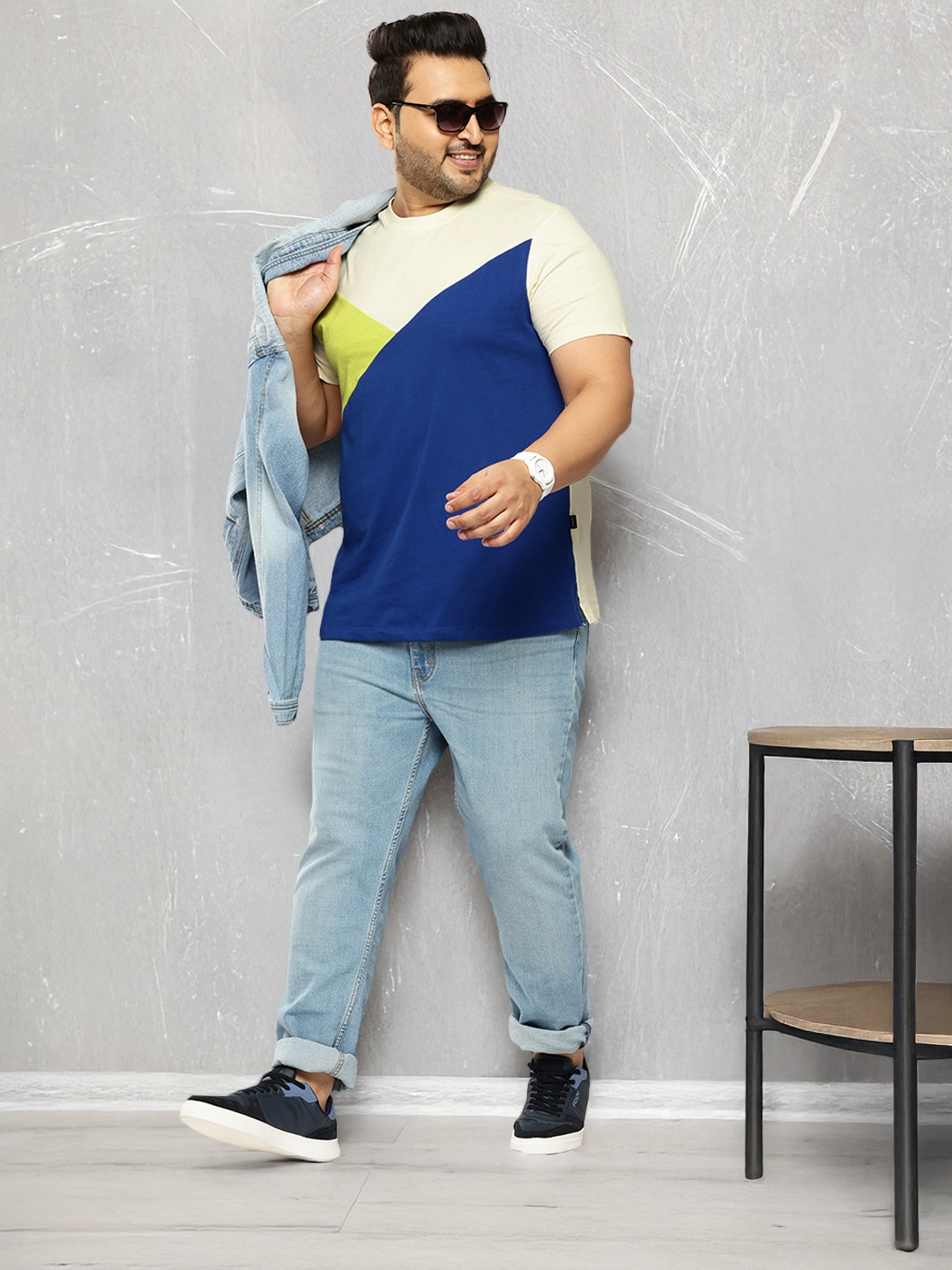 Sztori Plus Size Colourblocked Pure Cotton T-shirt, Blue
