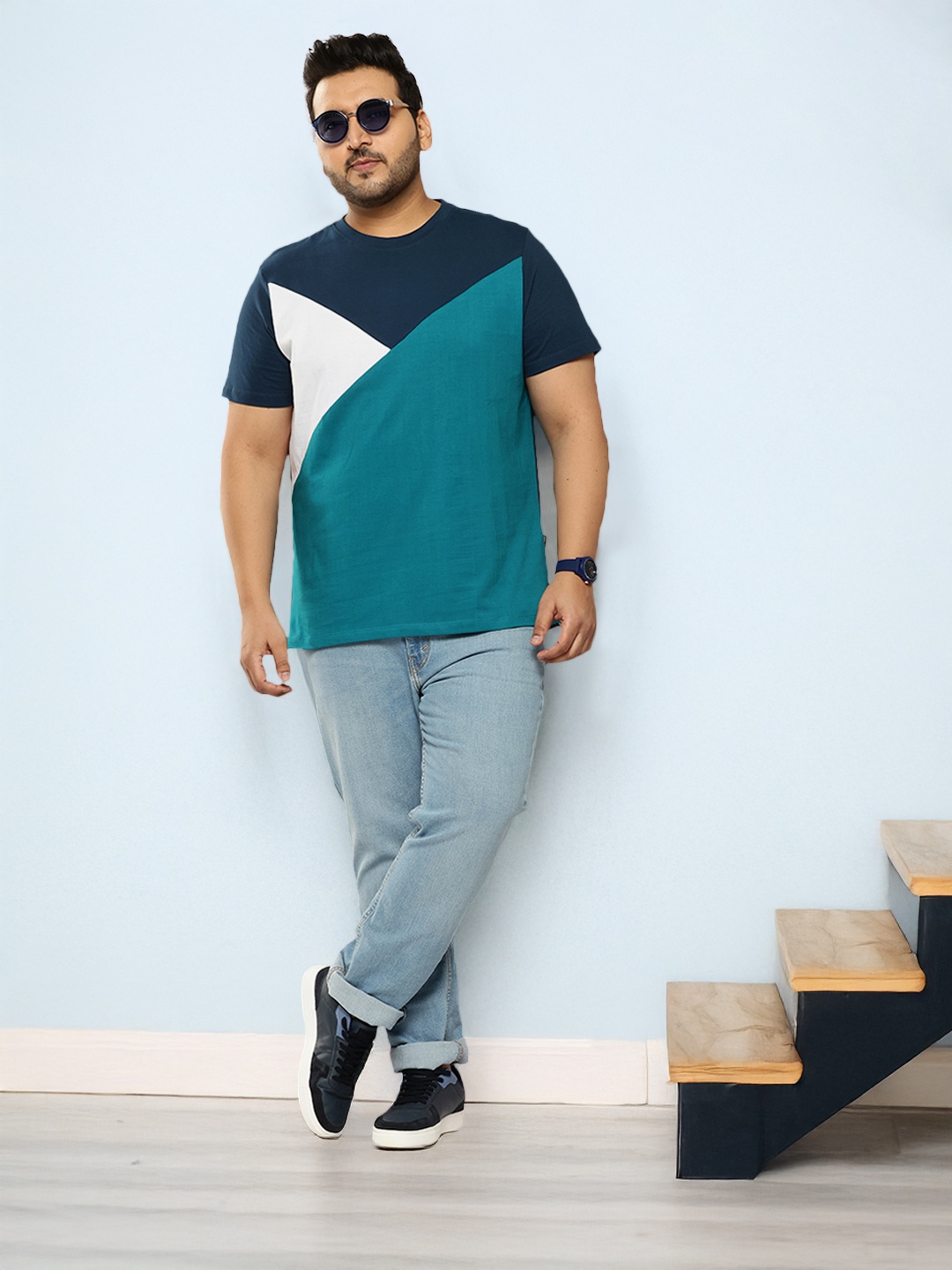 

Sztori Plus Size Colourblocked Pure Cotton T-shirt, Blue