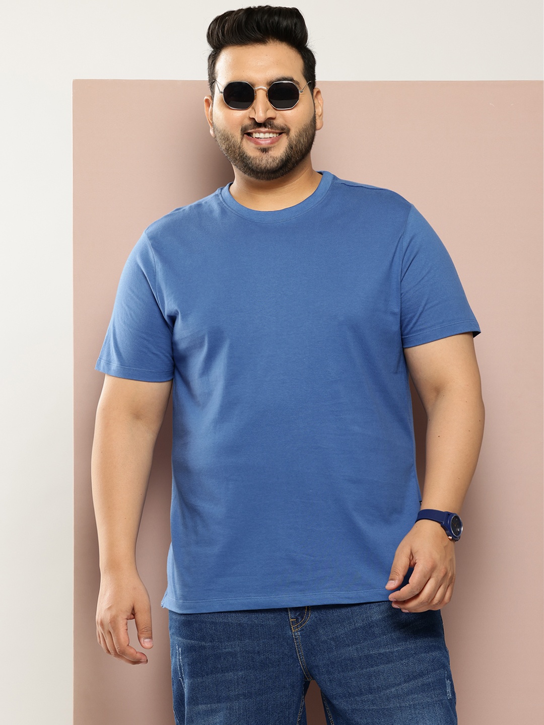 

Sztori Plus Size Round Neck Pure Cotton T-shirt, Blue