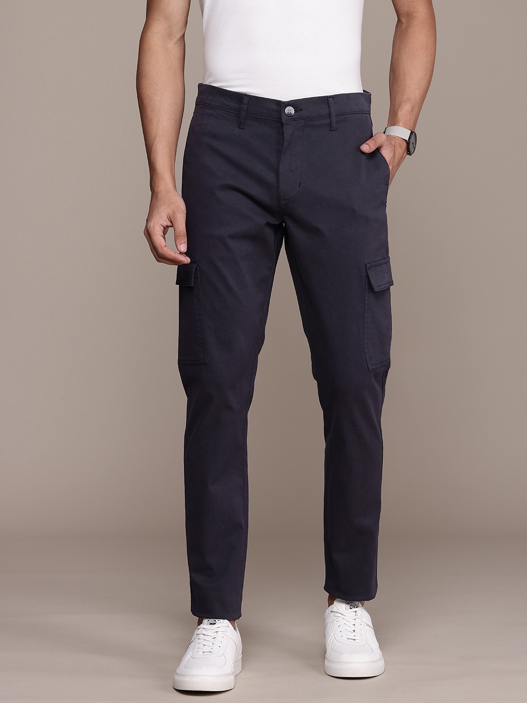 French Connection Men Slim Fit Cargos Trousers, Navy blue
