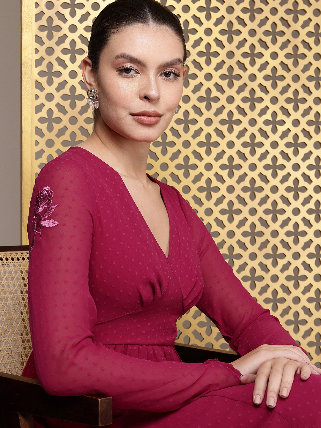 

House of Pataudi Jashn Self Designed Embroidered Detail A-Line Midi Dress, Magenta