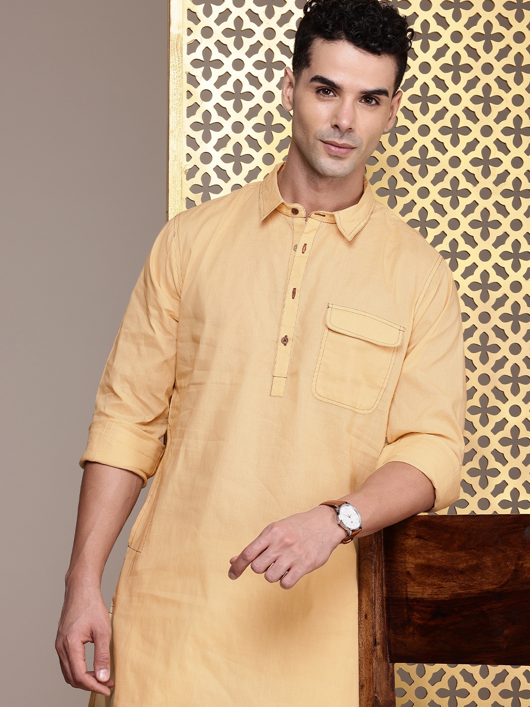 

House of Pataudi Jashn Pure Cotton Kurta, Beige