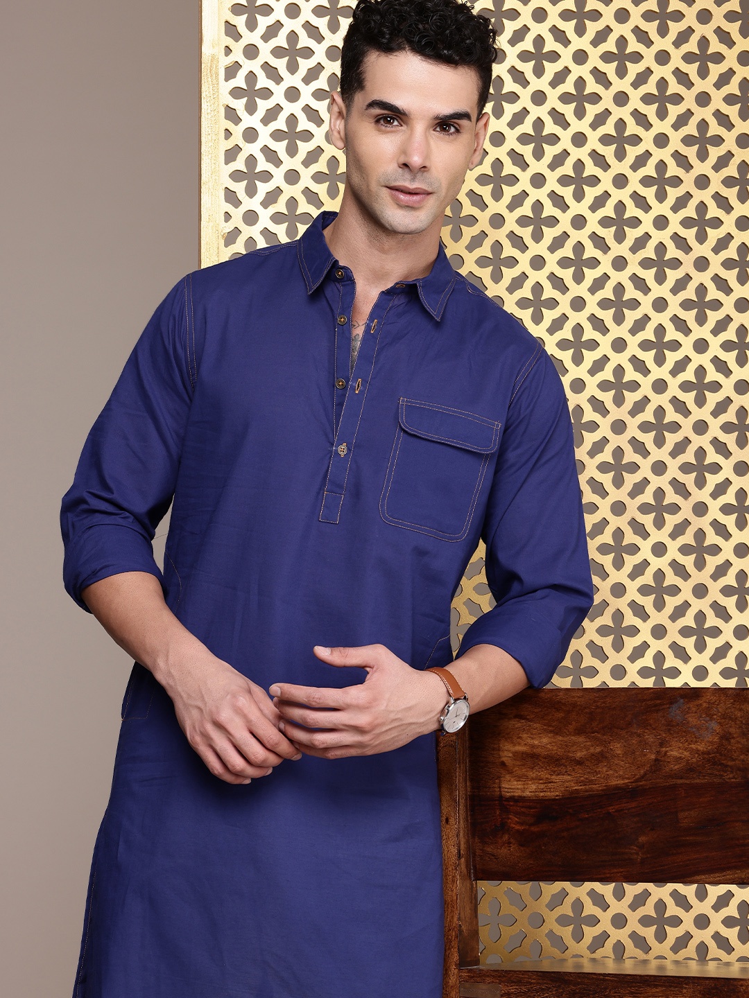 

House of Pataudi Jashn Pure Cotton Kurta, Blue