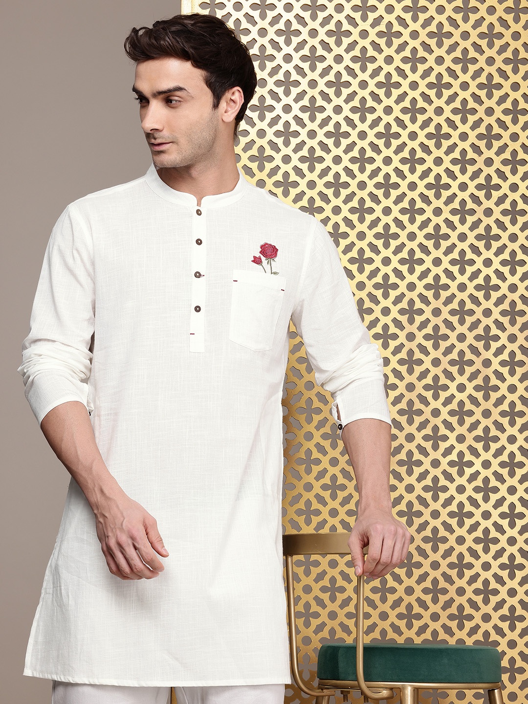 

House of Pataudi Mandarin Collar Thread Work Detail Pure Cotton Rozana Kurta, White