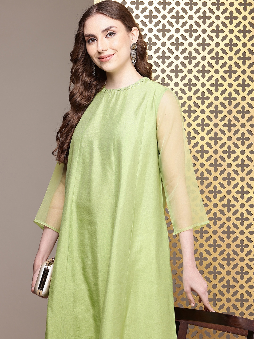 

House of Pataudi Three-Quarter Sleeves Round Neck A-Line Rozana Kurta, Green