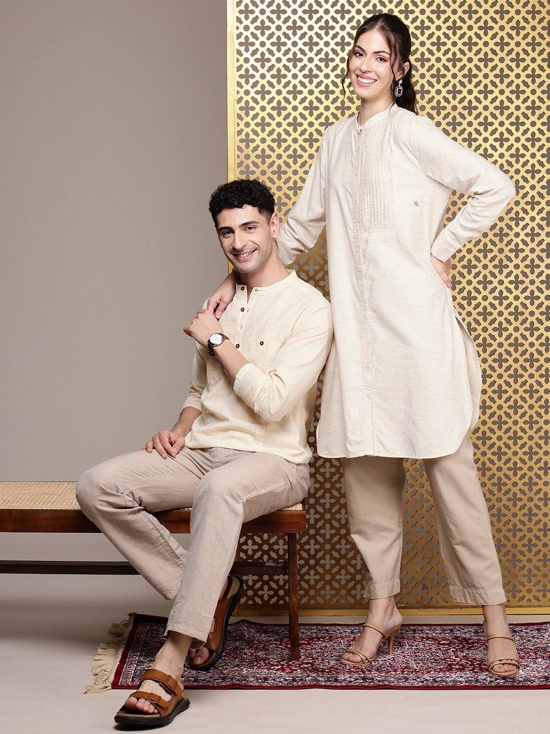 

House of Pataudi Woven Design Long Sleeves Jashn Kurta, Beige