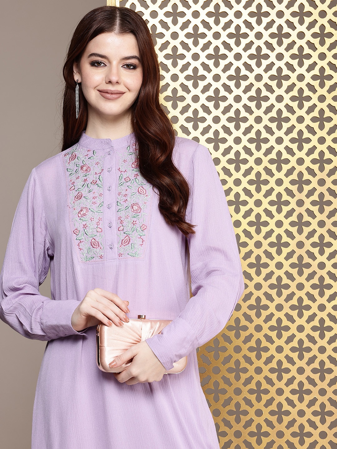 

House of Pataudi Floral Embroidered Cuffed Sleeves Regular Rozana Kurta With Palazzo, Lavender