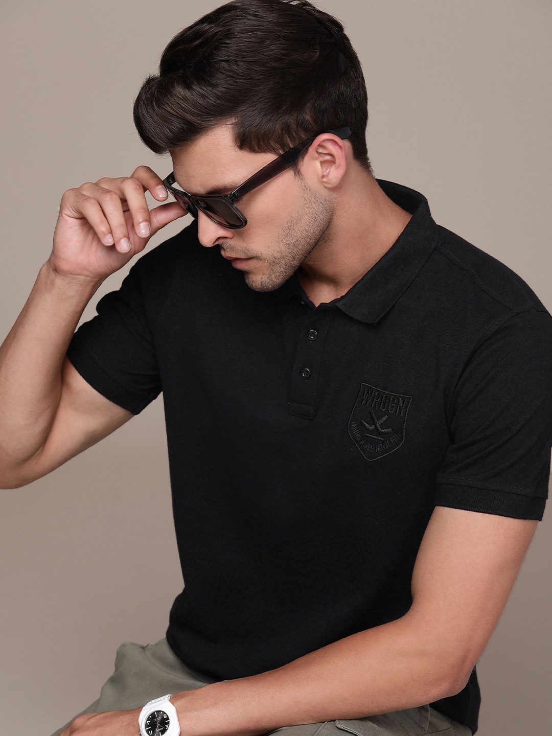 

WROGN Men Brand Logo Embroidered Polo Collar Slim Fit T-shirt, Black