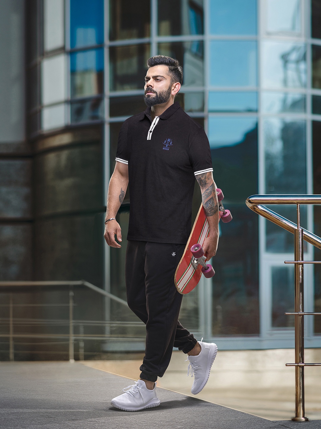 

WROGN Brand Logo Printed Polo Collar Slim Fit T-shirt, Black