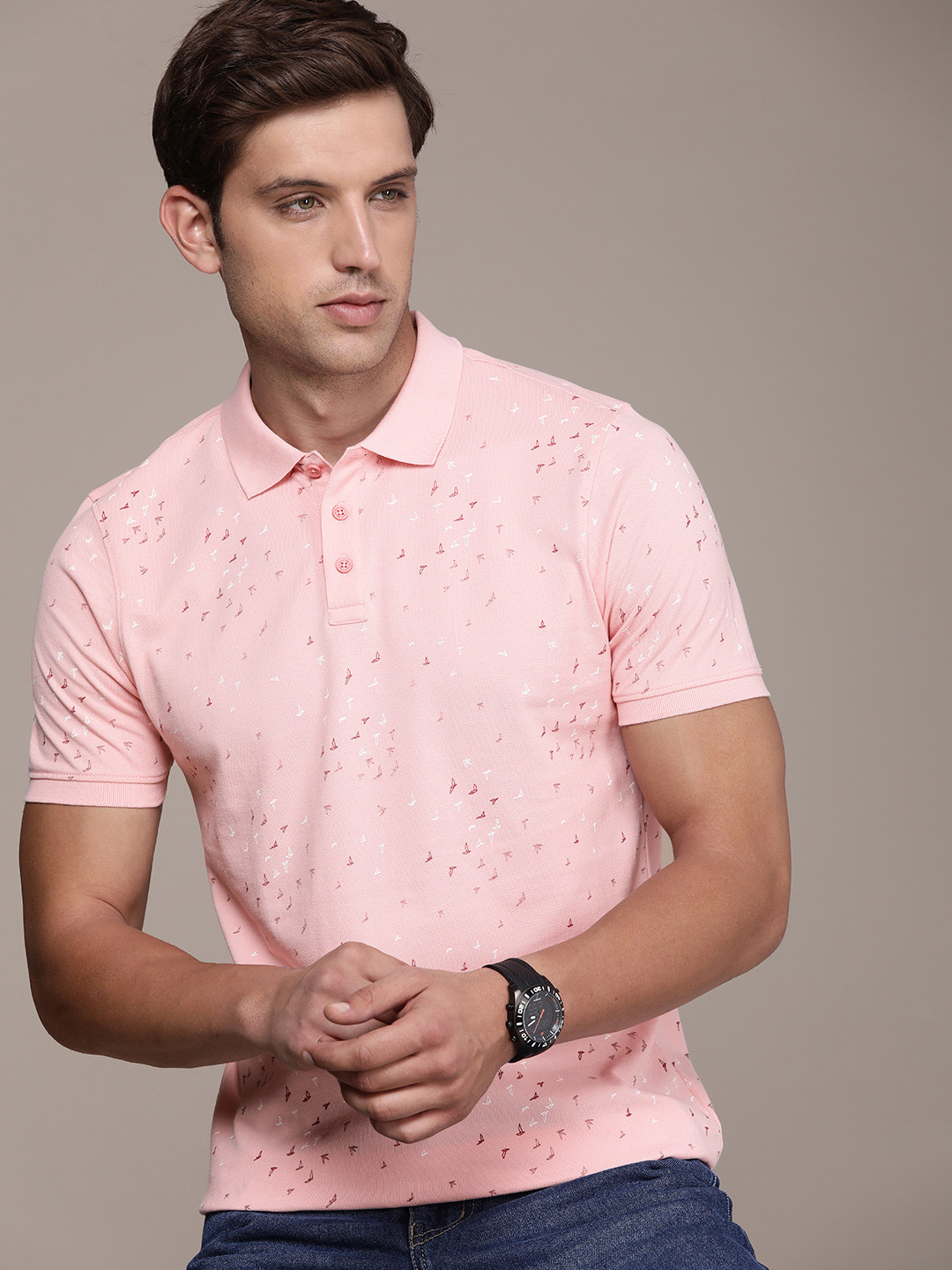 

WROGN Men Printed Polo Collar Pure Cotton T-shirt, Peach