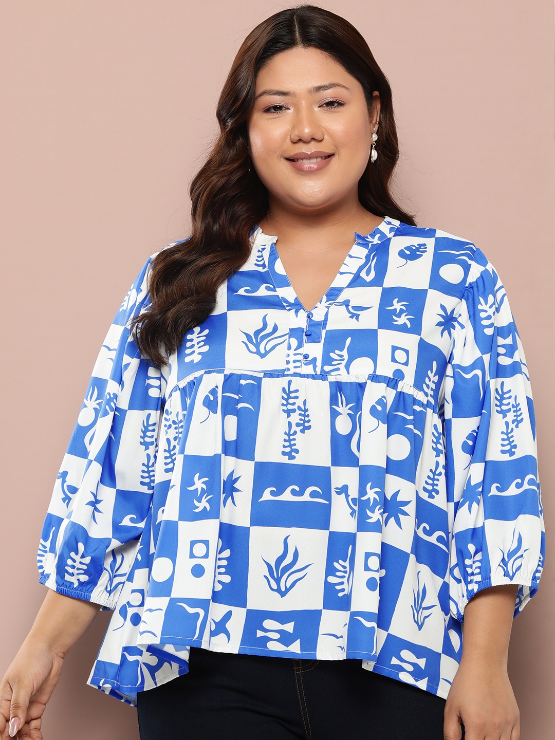 

Sztori Plus Size Checked Top with Mandarin Collar, Blue