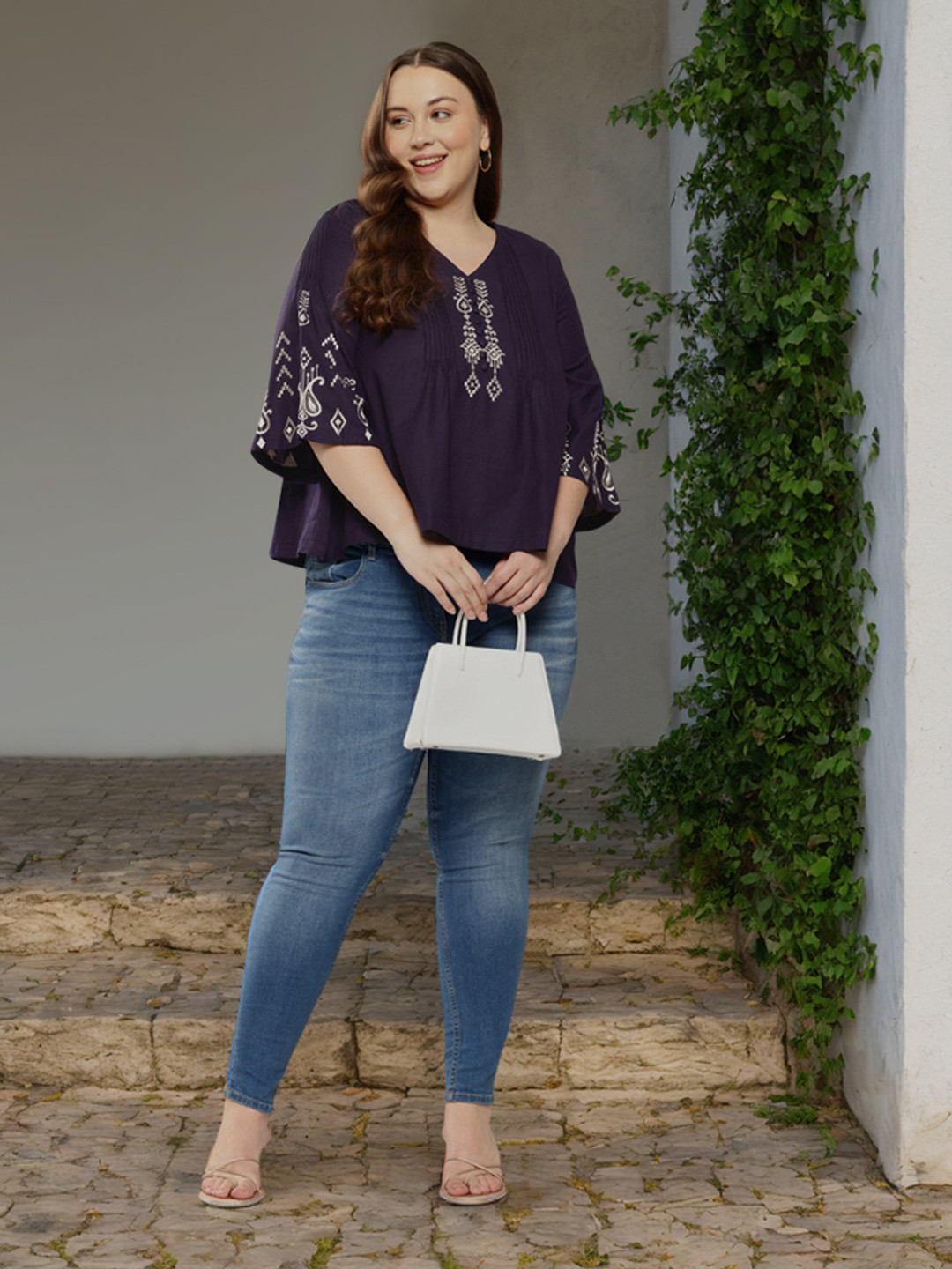 

Sztori Plus Size Embroidered Flared Sleeve Ethnic Cotton Top, Purple