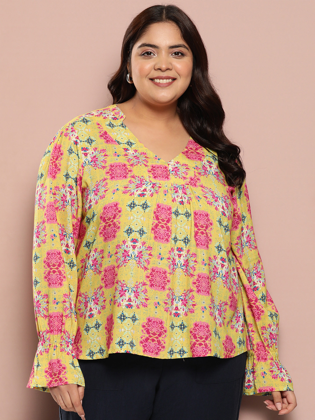 

Sztori Plus Size Floral Printed Bell Sleeves Top, Yellow