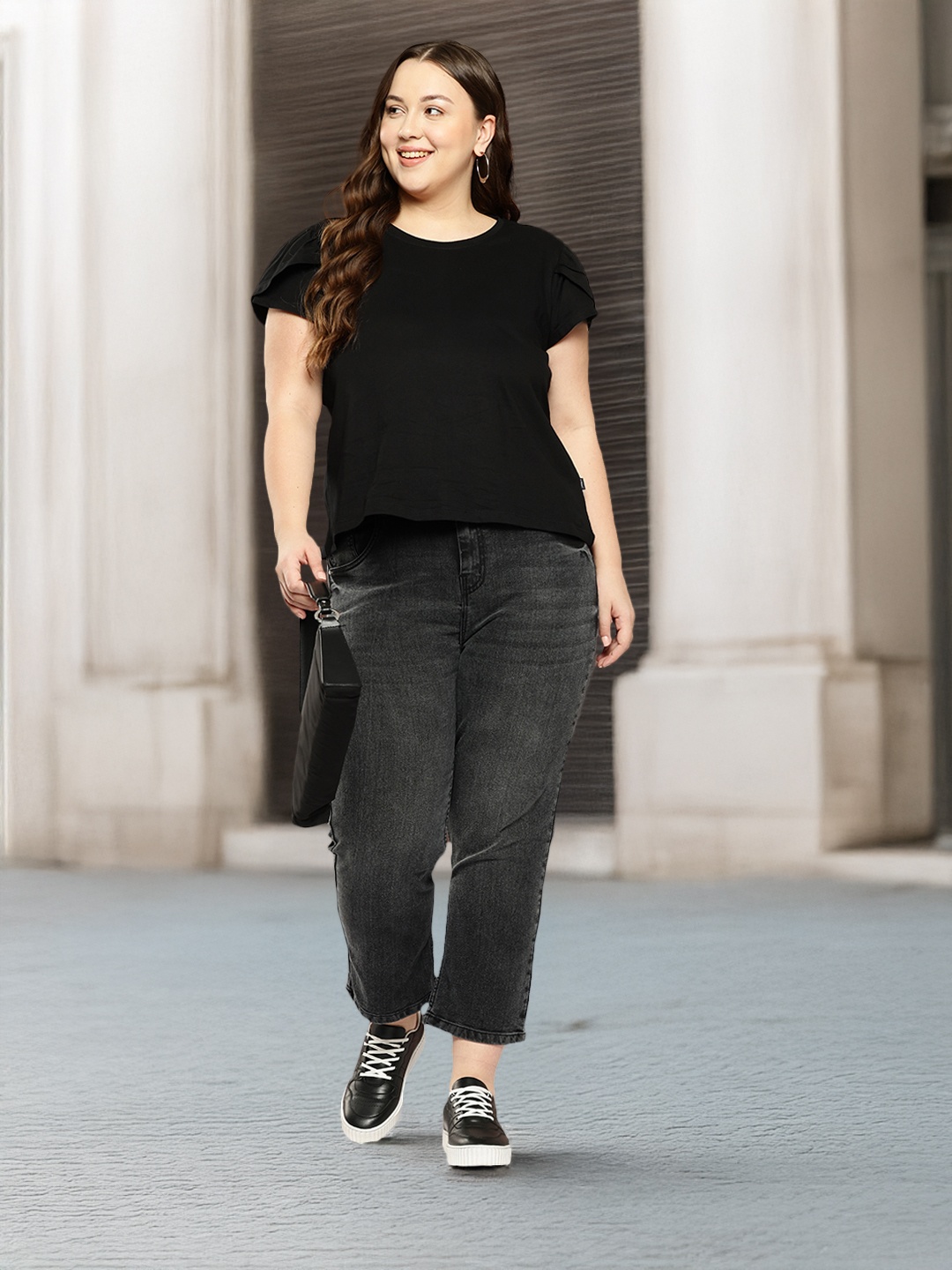 

Sztori Plus Size Petal Sleeves Pure Cotton T-shirt, Black