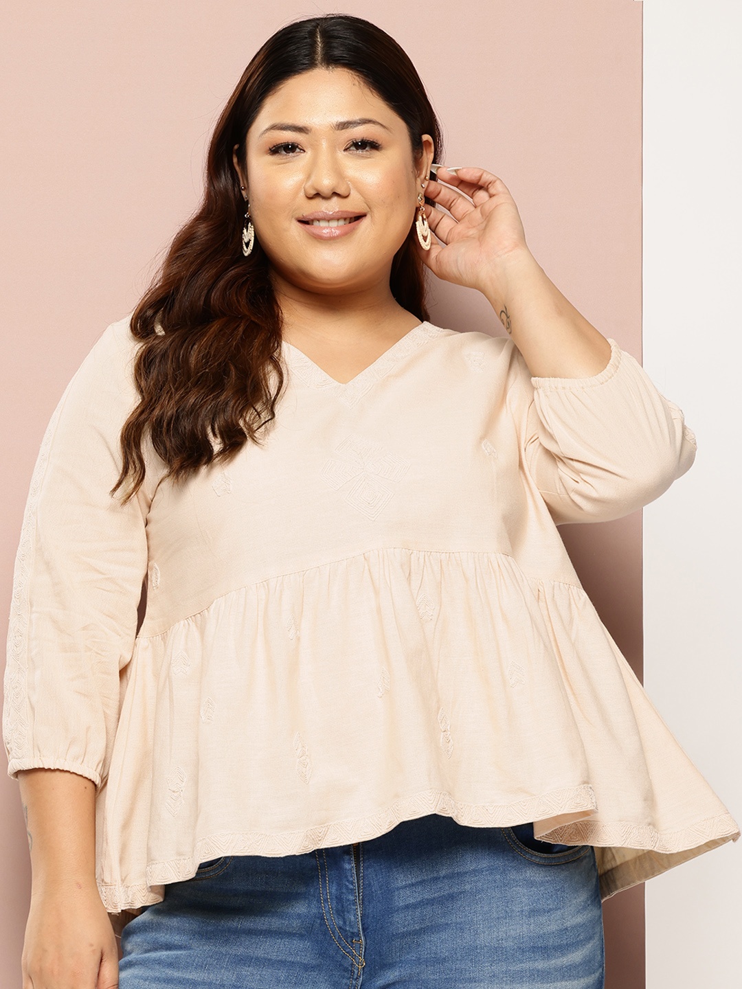 

Sztori Plus Size Pure Cotton Embroidered Puff Sleeve Empire Top, Beige