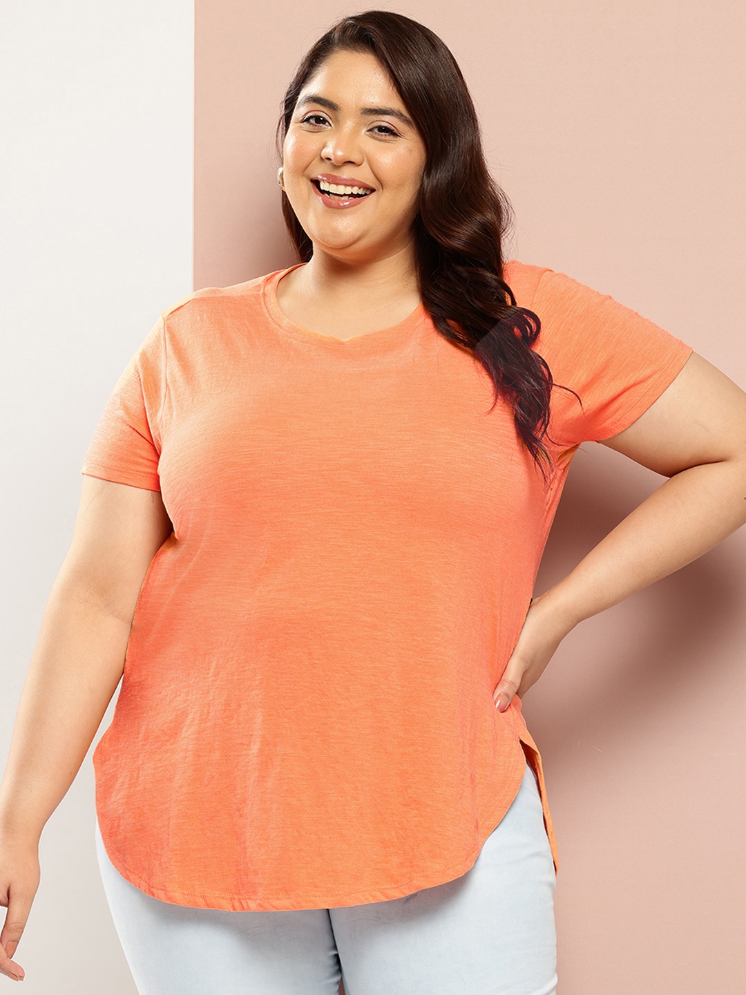 

Sztori Plus-Size Pure Cotton Longline T-shirt, Orange