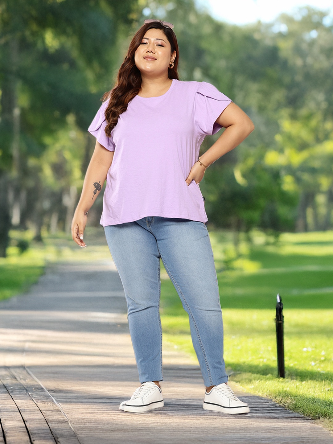

Sztori Plus Size Puff Sleeves T-shirt, Lavender