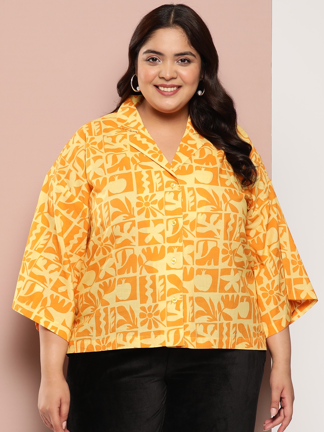 

Sztori Plus Size Printed Pure Cotton Top, Mustard