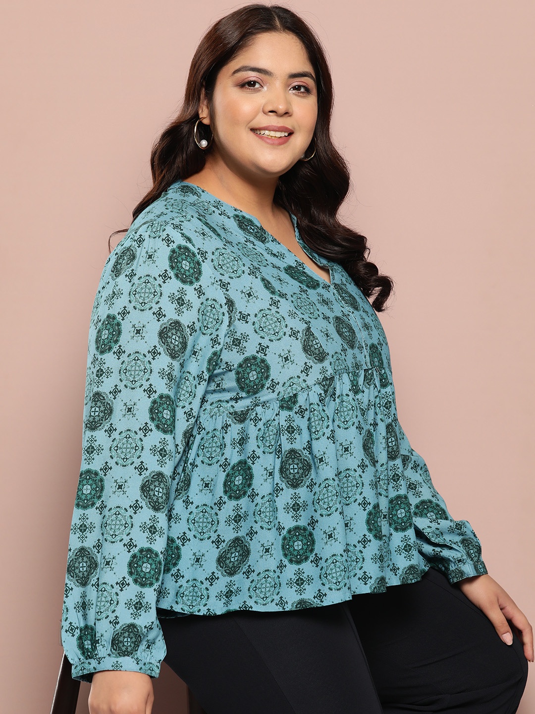 

Sztori Plus Size Printed Top with Mandarin Collar, Blue