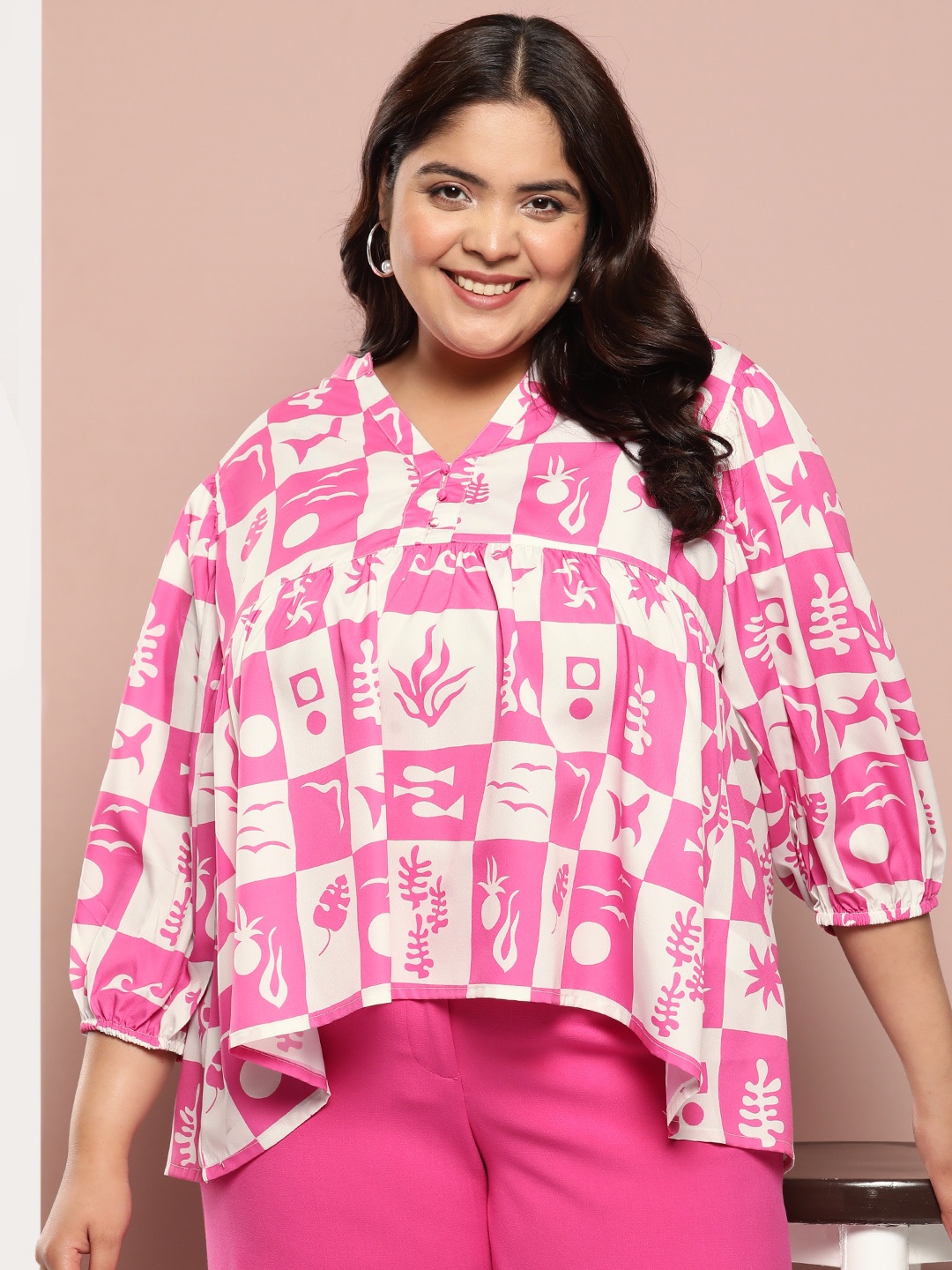 

Sztori Plus Size Printed Top with Mandarin Collar, Pink