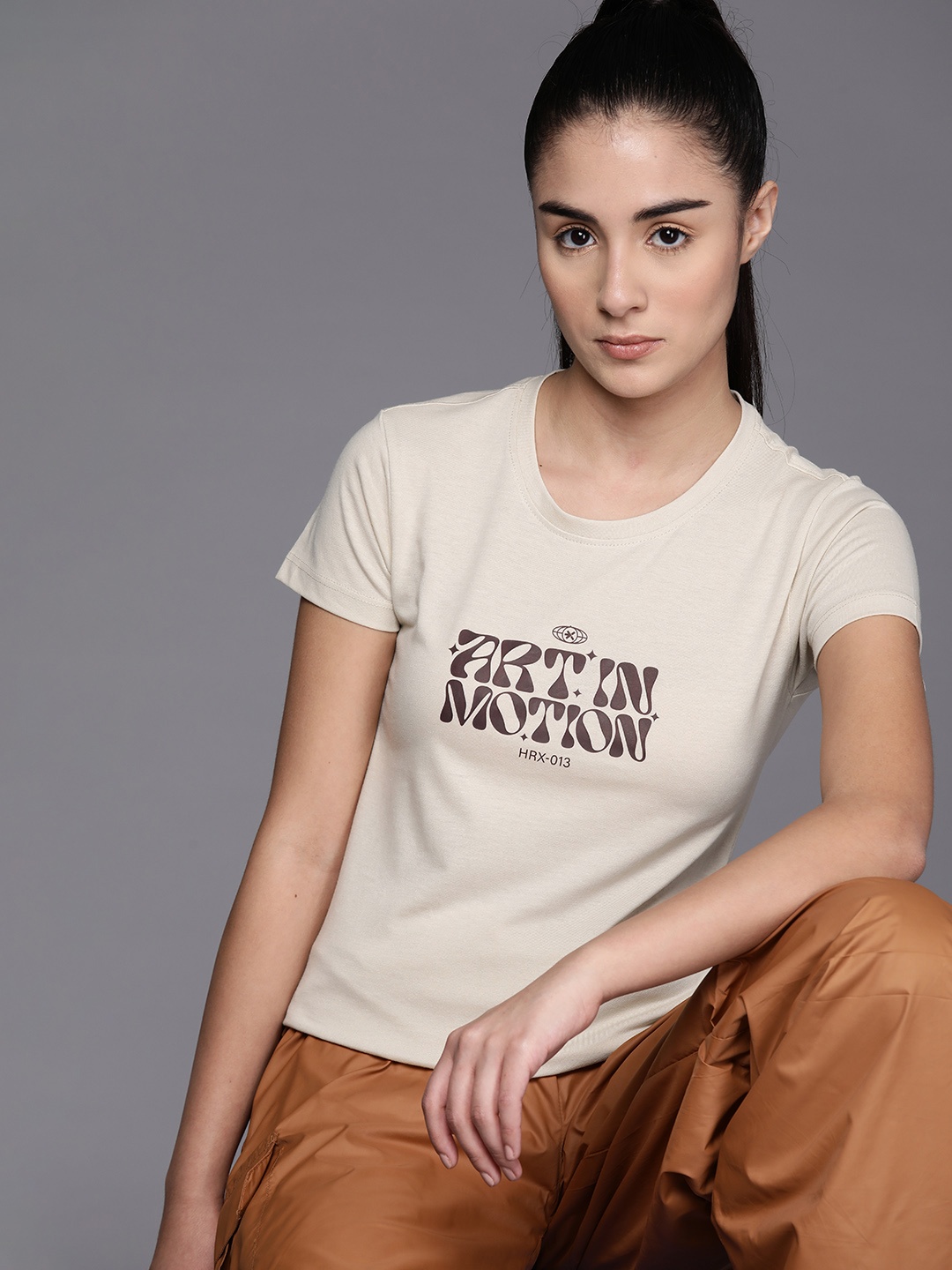 

HRX by Hrithik Roshan Women Typography Printed Slim Fit T-shirt, Beige